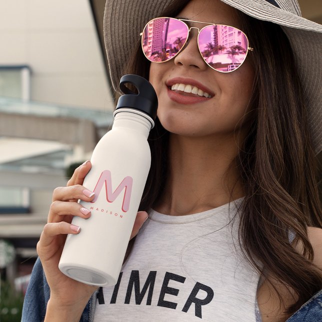 Modern Cute Custom Name Retro Monogram 532 Ml Water Bottle (Hey trendy teens! Keep cool in the most stylish way possible with this custom retro water bottle!)