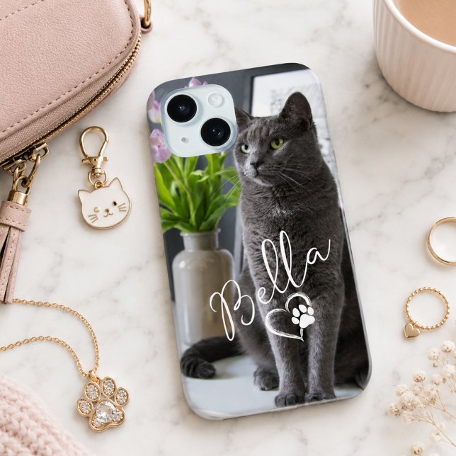 Modern Cute Custom Pet Photo & Name with Heart Paw Case-Mate iPhone Case (Creator Uploaded)