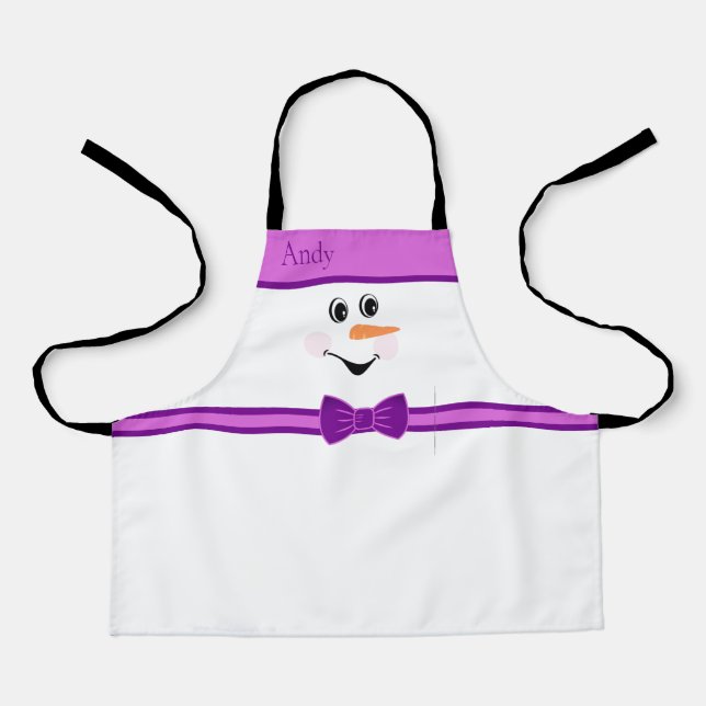 Modern Cute Custom Snowman Face Purple Bowtie  Apron (Front)