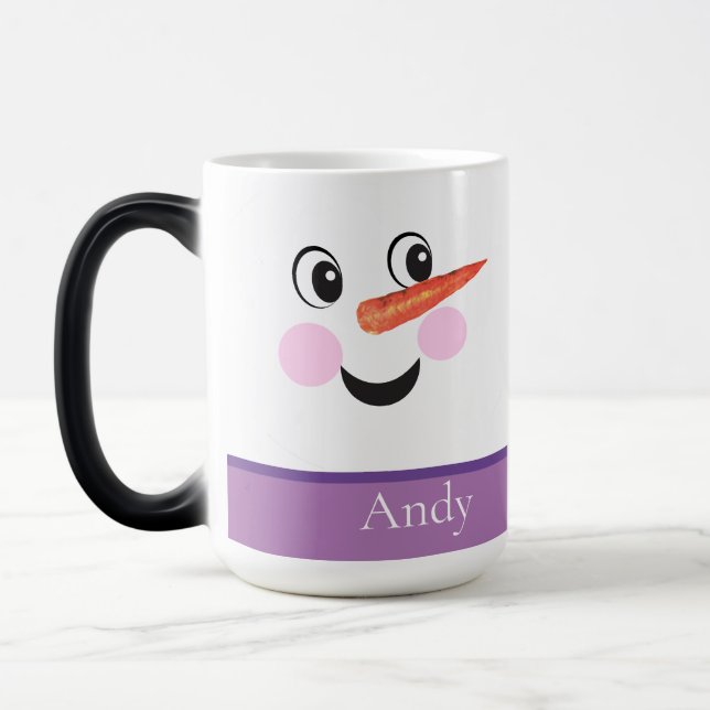Modern Cute Custom Snowman face Purple Scarf  Magic Mug (Left)