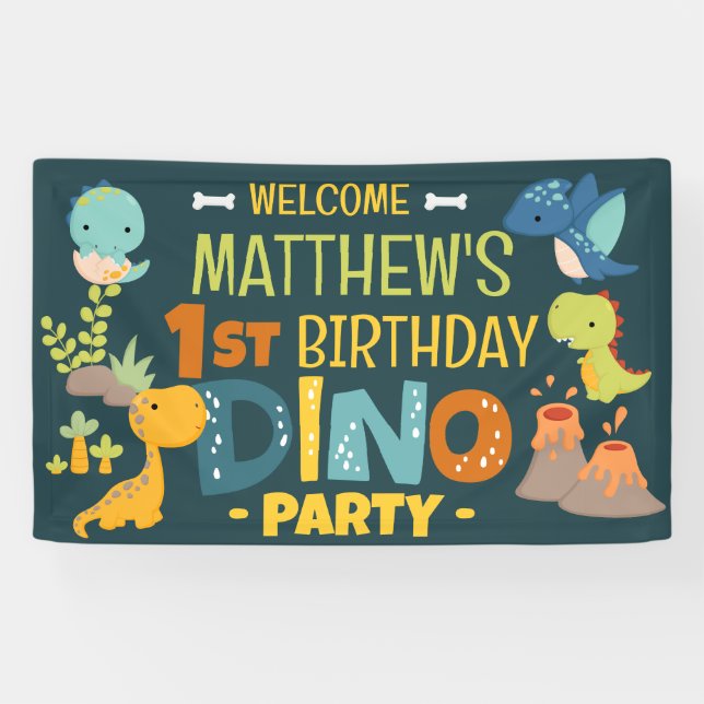Modern Cute Dino Dinosaur Kid's Birthday Party Banner (Horizontal)