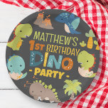 Modern Cute Dino Dinosaur Kid's Birthday Party Paper Plate<br><div class="desc">Composed of fun sans serif handwritten typography; Cute T-REX dinosaurs in the backgroud

This is designed by Select Party Supplies,  exclusive for Zazzle.

Available here:
http://www.zazzle.com/store/selectpartysupplies</div>