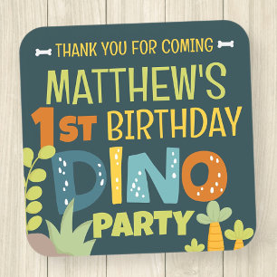 Modern Cute Dino Dinosaur Kid's Birthday Thank You Square Sticker