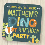 Modern Cute Dino Dinosaur Kid's Birthday Thank You Square Sticker<br><div class="desc">Composed of fun sans serif handwritten typography; Cute T-REX dinosaurs in the backgroud

This is designed by Select Party Supplies,  exclusive for Zazzle.

Available here:
http://www.zazzle.com/store/selectpartysupplies</div>