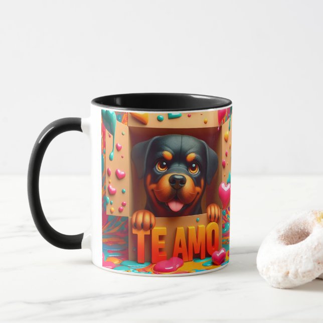 Modern Cute Dog Te Amo Valentines Day  Mug (With Donut)