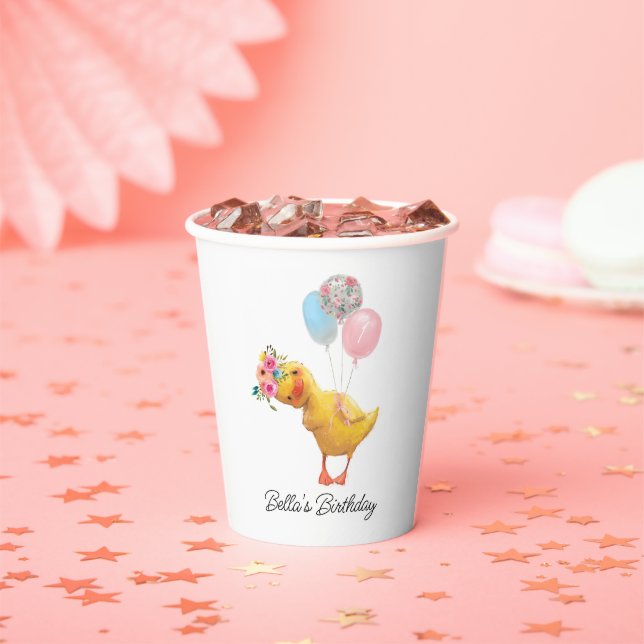 Modern Cute Duck Floral Crown 1st Birthday  Paper Cups (Insitu)