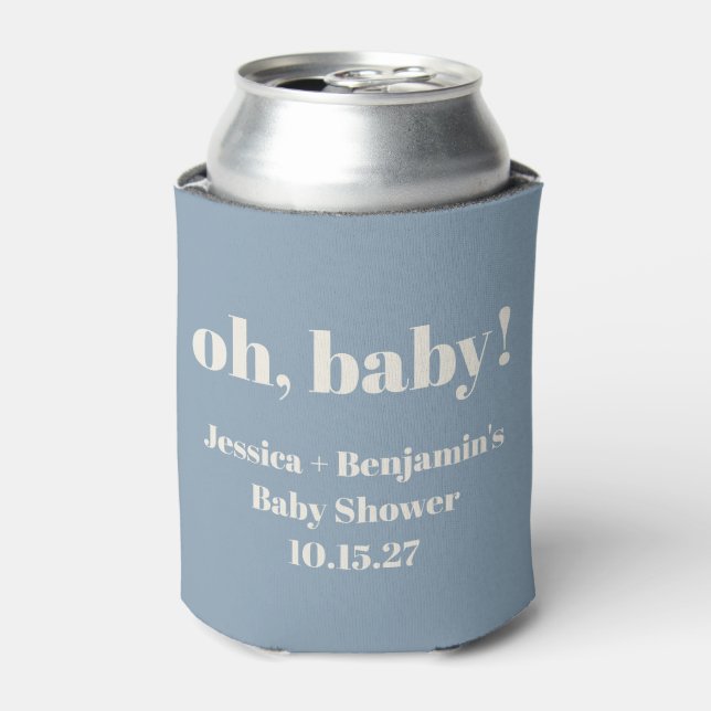 Modern Cute Dusty Blue Baby Shower Custom Name Can Cooler (Can Front)