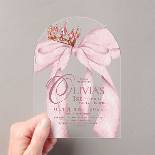 Modern Cute Dusty Pink Bow 1st Birthday Acrylic Invitations