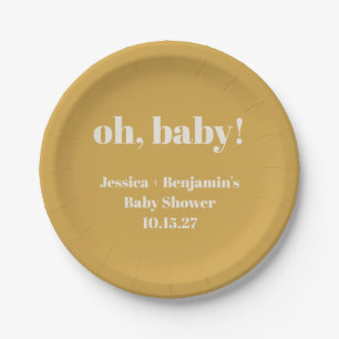 Modern Cute Dusty Yellow Baby Shower Custom Name Paper Plate