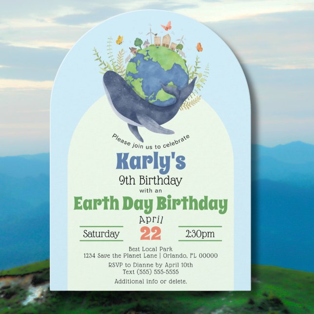 Modern Cute Earth Day Blue Whale Birthday Party Invitation (Creator Uploaded)