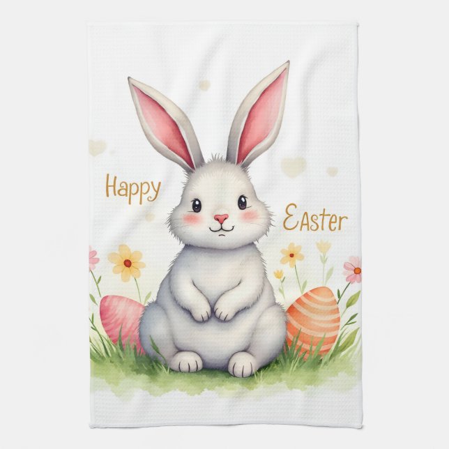 Modern Cute Easter Bunny And Eggs Collection Tea Towel (Vertical)