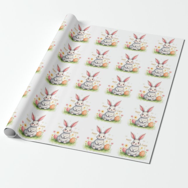 Modern Cute Easter Bunny And Eggs Collection Wrapping Paper (Unrolled)
