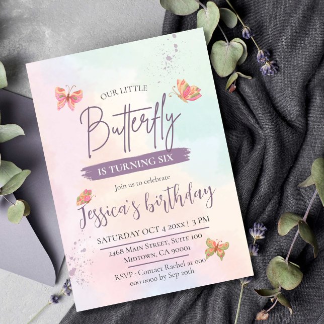 Modern cute elegant butterfly themed 6th birthday  invitation (Creator Uploaded)