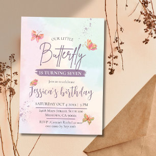 Modern cute elegant butterfly themed 7th birthday invitation