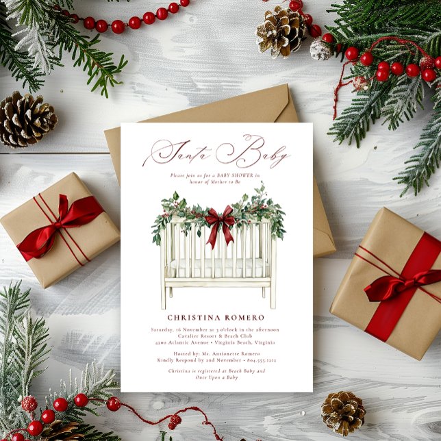 Modern Cute Elegant Santa Baby Baby Shower  Invitation (Santa Baby Baby Shower Invitation )