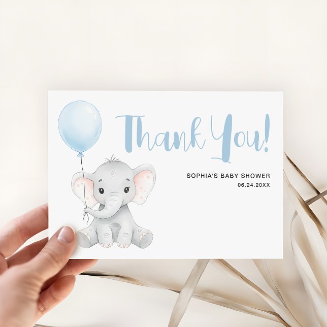Modern Cute Elephant Soft Blue Baby Shower Thank You Card (Creator Uploaded)