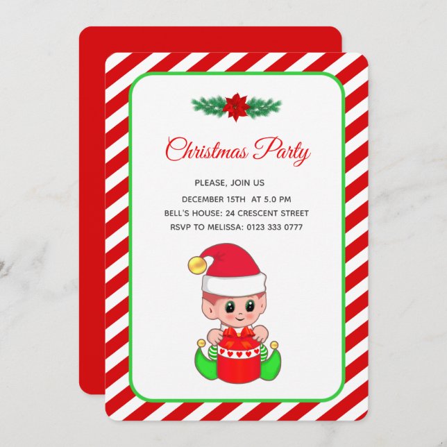 Modern Cute Elf on Red & White Christmas Party Invitation (Front/Back)