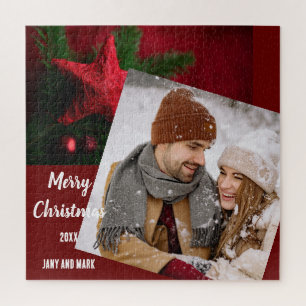 Modern cute family photo Holiday gifts red Jigsaw Puzzle
