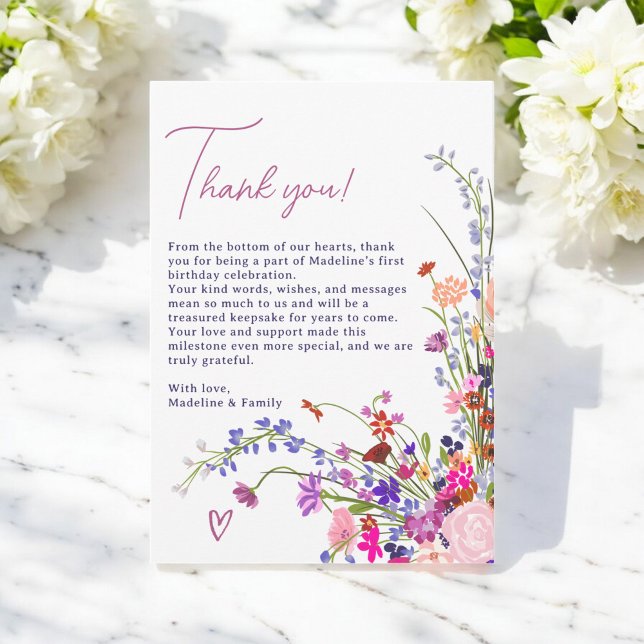 Modern Cute Floral Wildflowers 1st birthday Thank You Card (Modern Cute Floral Wildflowers 1st birthday Thank You Card)