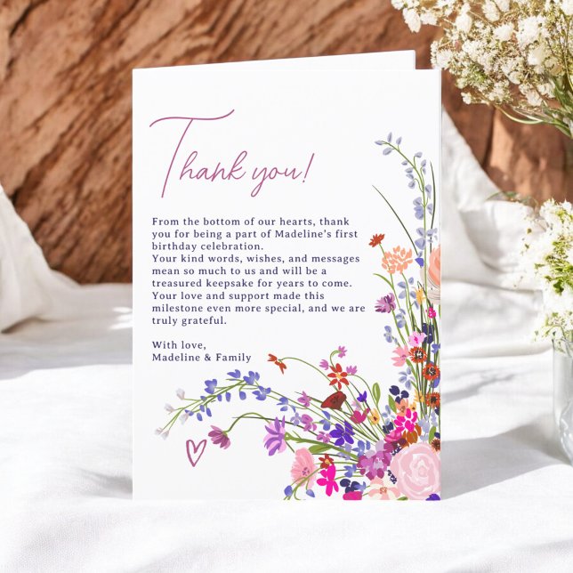 Modern Cute Floral Wildflowers 1st birthday Thank You Card (Modern Cute Floral Wildflowers 1st birthday Thank You Card)