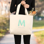 Modern Cute Fun Custom Name 3D Monogram Large Tote Bag<br><div class="desc">Cute monogrammed bag with your custom name as a shadow initial in bright turquoise and teal. Modern,  minimalist,  simple,  and fun,  this typography driven design makes for a cool personalised gift!</div>