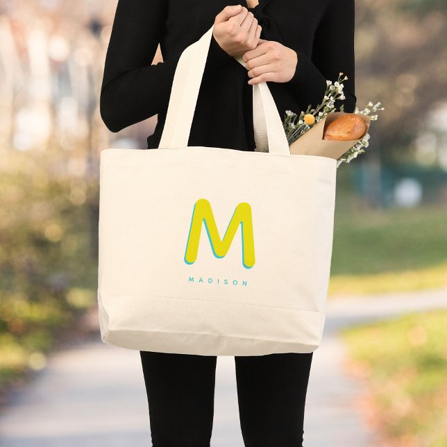 Modern Cute Fun Custom Name 3D Monogram Large Tote Bag (Creator Uploaded)