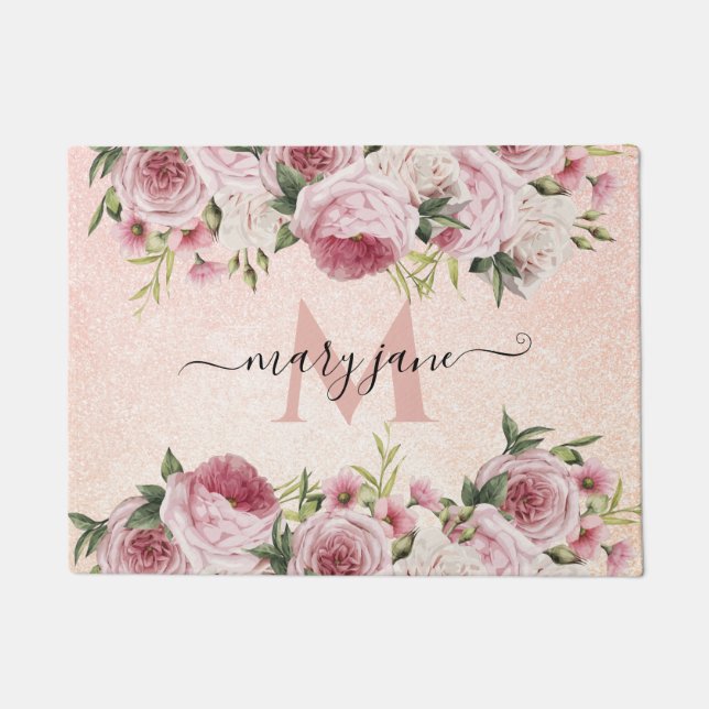 Modern cute girly Pink Glitter Rose Gold floral Doormat (Front)