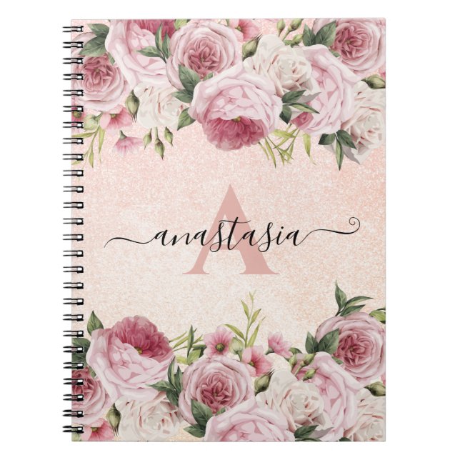 Modern cute girly Pink Glitter Rose Gold floral Notebook (Front)