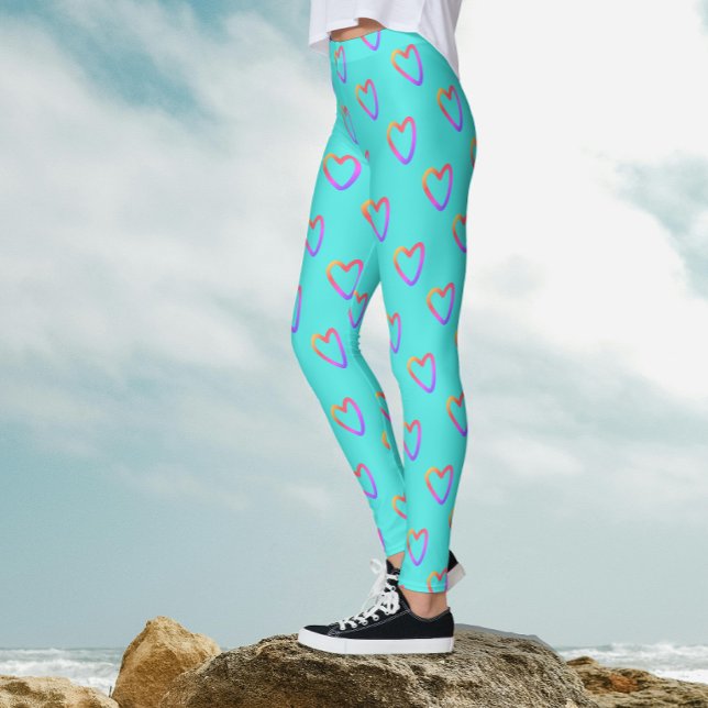 Modern Cute Girly Turquoise Rainbow Hearts Pattern Leggings (Creator Uploaded)