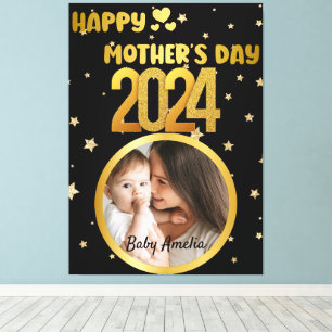 Modern Cute Golden Happy Mother's Day Photo Black Canvas Print