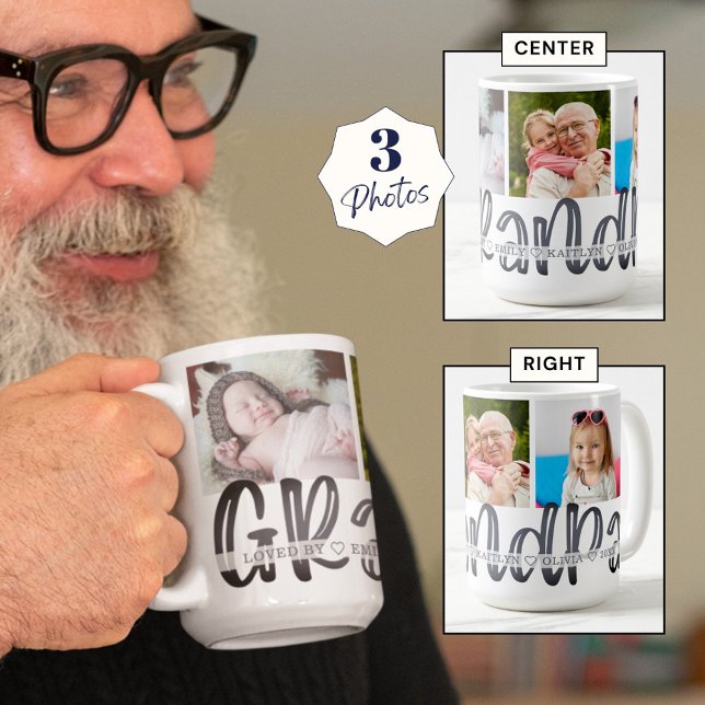 Modern Cute GRANDPA 3 Photo Personalised Coffee Mug (Creator Uploaded)