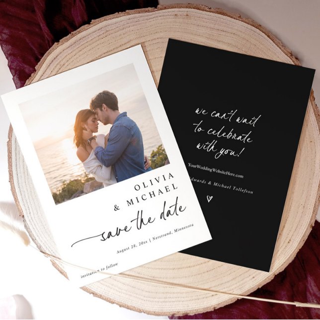 Modern Cute Handwriting Black and White Wedding Save The Date (Simple black and white save the date with couple photo and elegant modern handwriting script.)