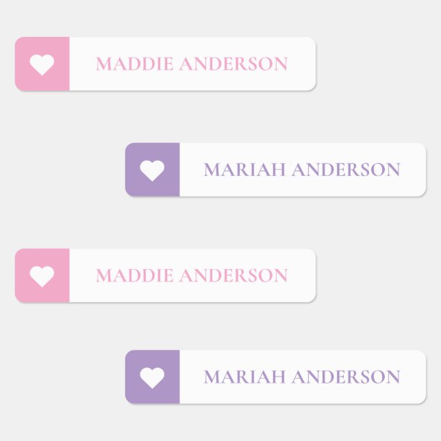 Modern Cute Hearts Kids Colour Coded Name Labels (Group)