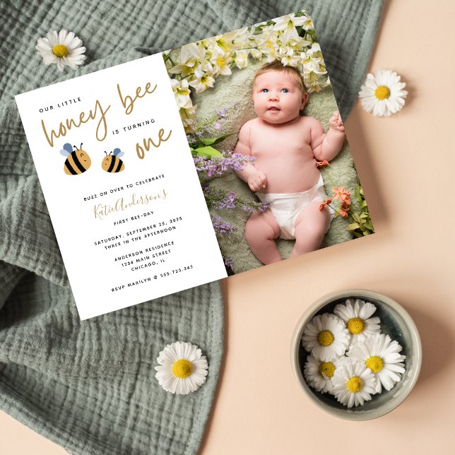 Modern Cute Honey Bee First Birthday Invitation (Creator Uploaded)