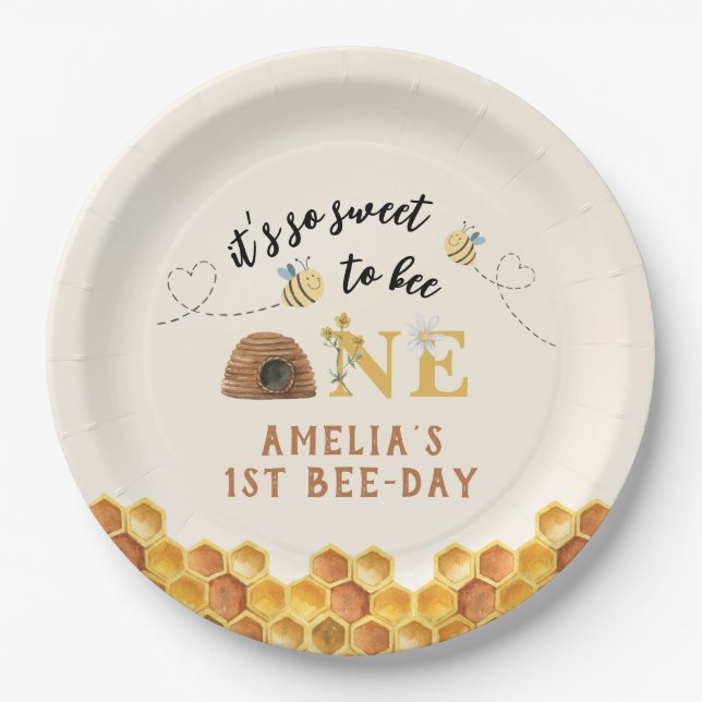 Modern Cute It’s so sweet to bee first birthday Paper Plate (Front)