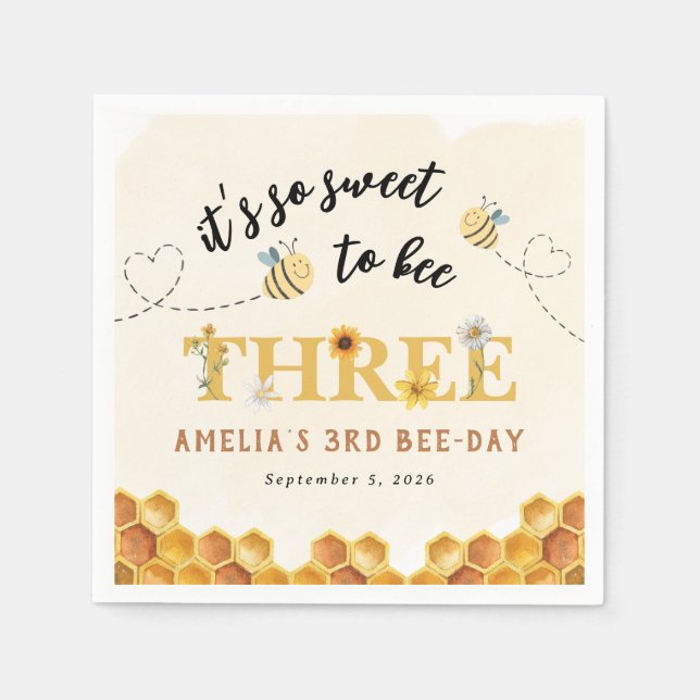 Modern Cute It’s so sweet to bee third birthday Napkin (Front)