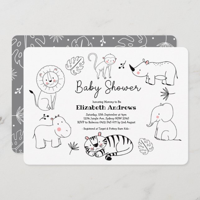 Modern Cute Jungle Safari Animals Baby Shower Invitation (Front/Back)
