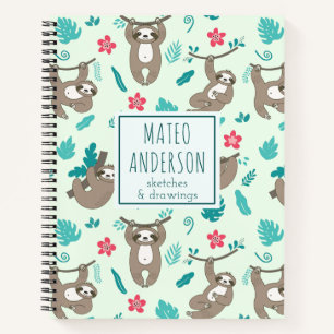 Modern Cute Kawaii Sloths Personalised Name  Notebook
