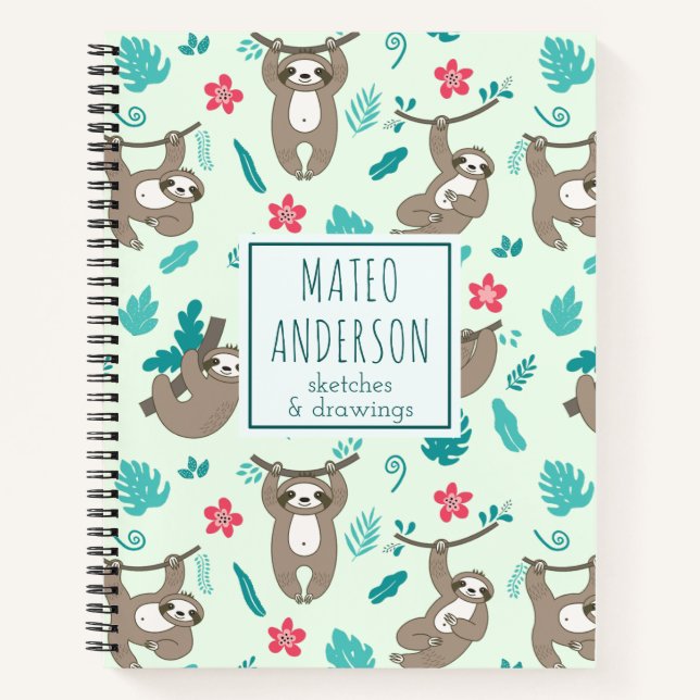 Modern Cute Kawaii Sloths Personalised Name  Notebook (Front)
