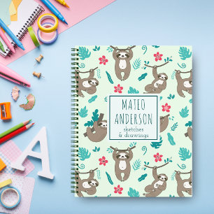 Modern Cute Kawaii Sloths Personalised Name Notebook