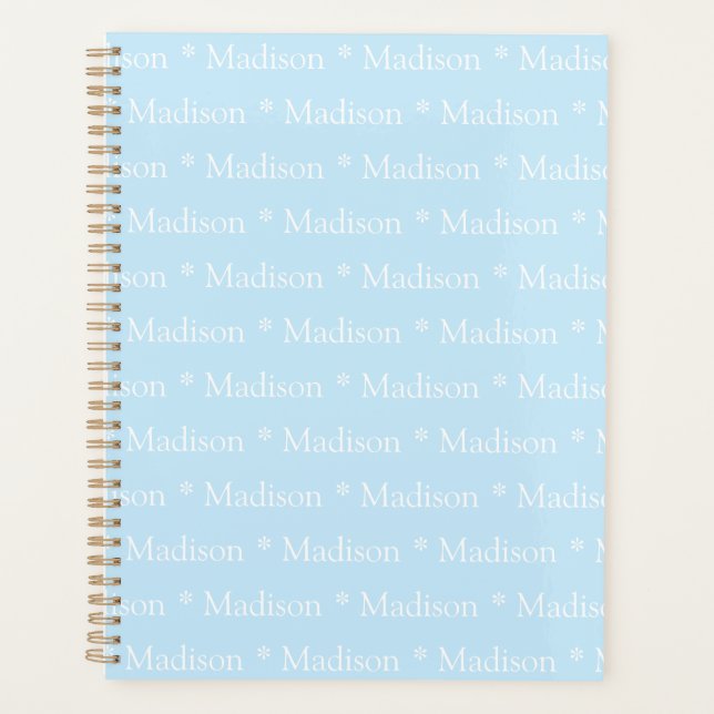Modern cute light blue white custom name pattern planner (Front)