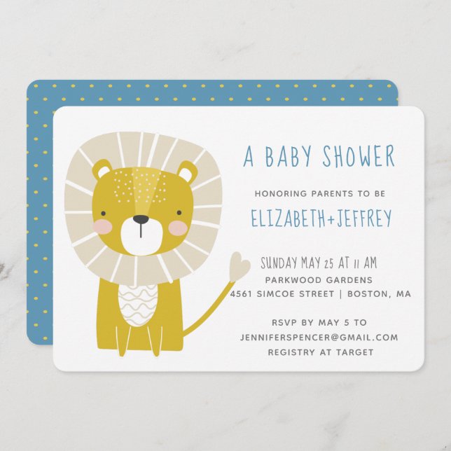Modern Cute Lion Baby Boy Blue Yellow Invitation (Front/Back)