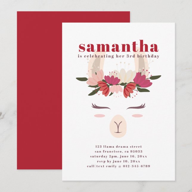 Modern Cute Llama Birthday Invitation (Front/Back)