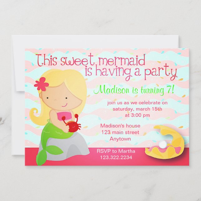 Modern Cute Mermaid Pink Birthday Party Invitation (Front)