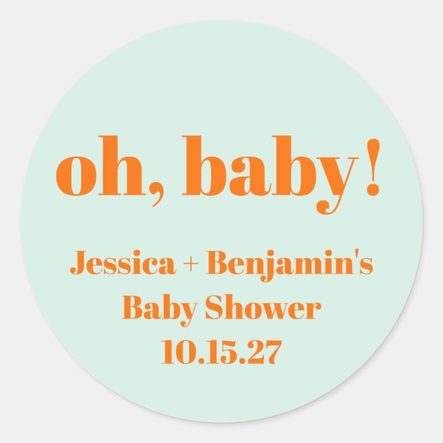 Modern Cute Mint Orange Baby Shower Custom Name Classic Round Sticker (Front)