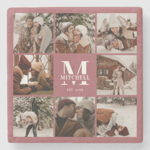 Modern Cute Monogram Initial Family Name & Photo Stone Coaster