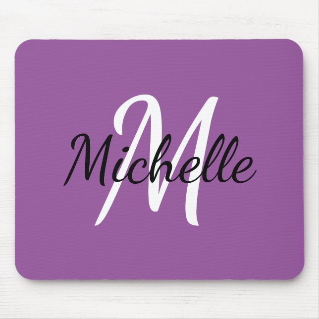 Modern Cute Monogram Initial + Name Purple & White Mouse Pad (Front)