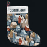 Modern Cute Nordic Whimsical Winter Night Town Small Christmas Stocking<br><div class="desc">Customisable name stocking with the modern nordic pattern of whimsical hand-painted cosy houses and snowy trees in the winter night in blue,  red,  white,  and beige colours.</div>