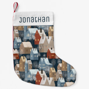 Modern Cute Nordic Whimsical Winter Night Town Small Christmas Stocking