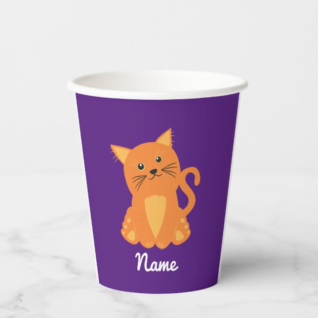 Modern Cute Orange Kitten On Purple Kids Cartoon Paper Cups (Front)